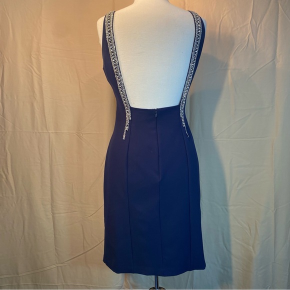 Minuet Navy Blue High Neck Knee Length Sleeveless Dress with Clear Beads Size L - Picture 3 of 9